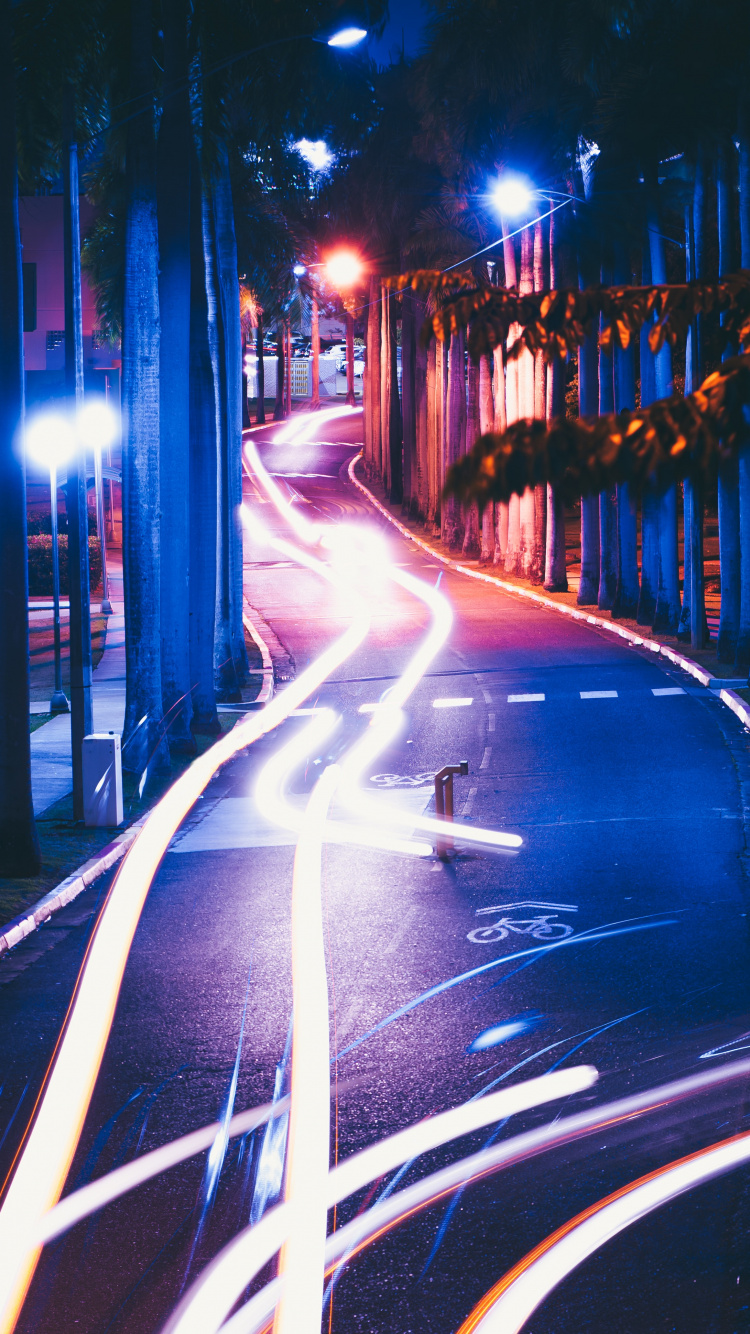 Обои синий, ночь, свет, автомобильное освещение, освещение в разрешении 750x1334