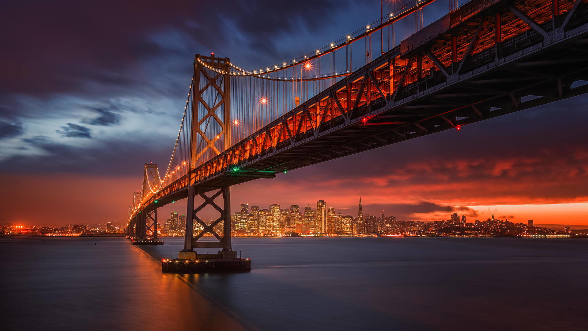 Обои городской пейзаж, мост, сумрак, подвесной мост, вечер в разрешении 1920x1080