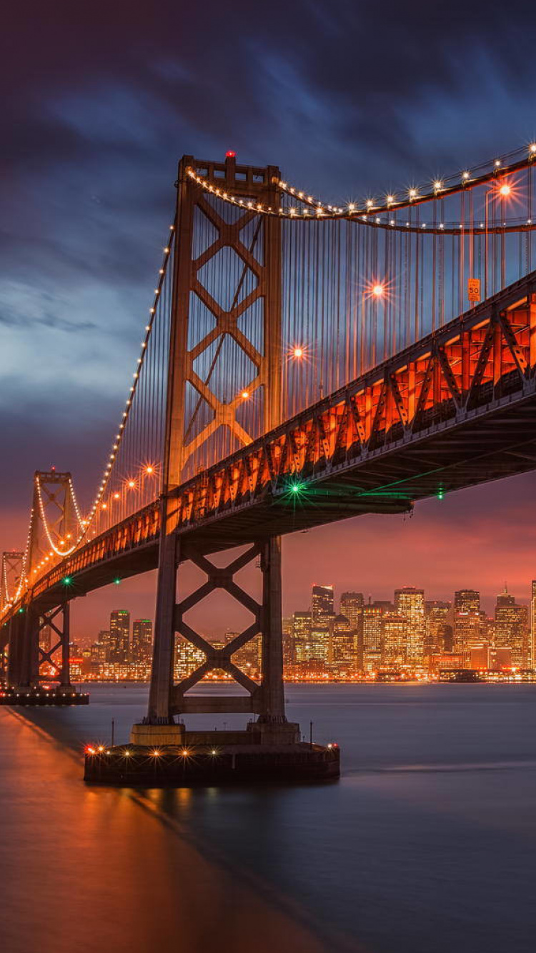 Обои городской пейзаж, мост, сумрак, подвесной мост, вечер в разрешении 750x1334