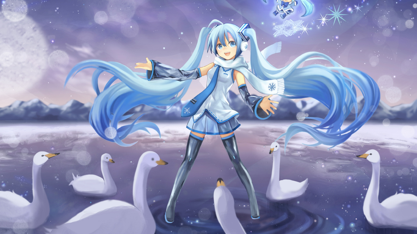 Обои Хацунэ Мику, вокалоид, Чиби, аниме, мультфильм в разрешении 1366x768