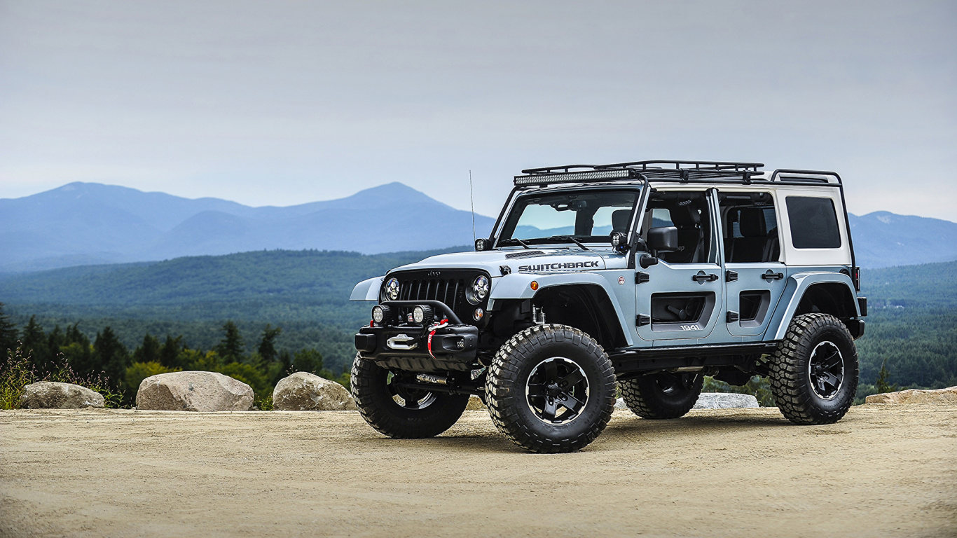 Обои jeep wrangler, джип, авто, шина, бампер в разрешении 1366x768