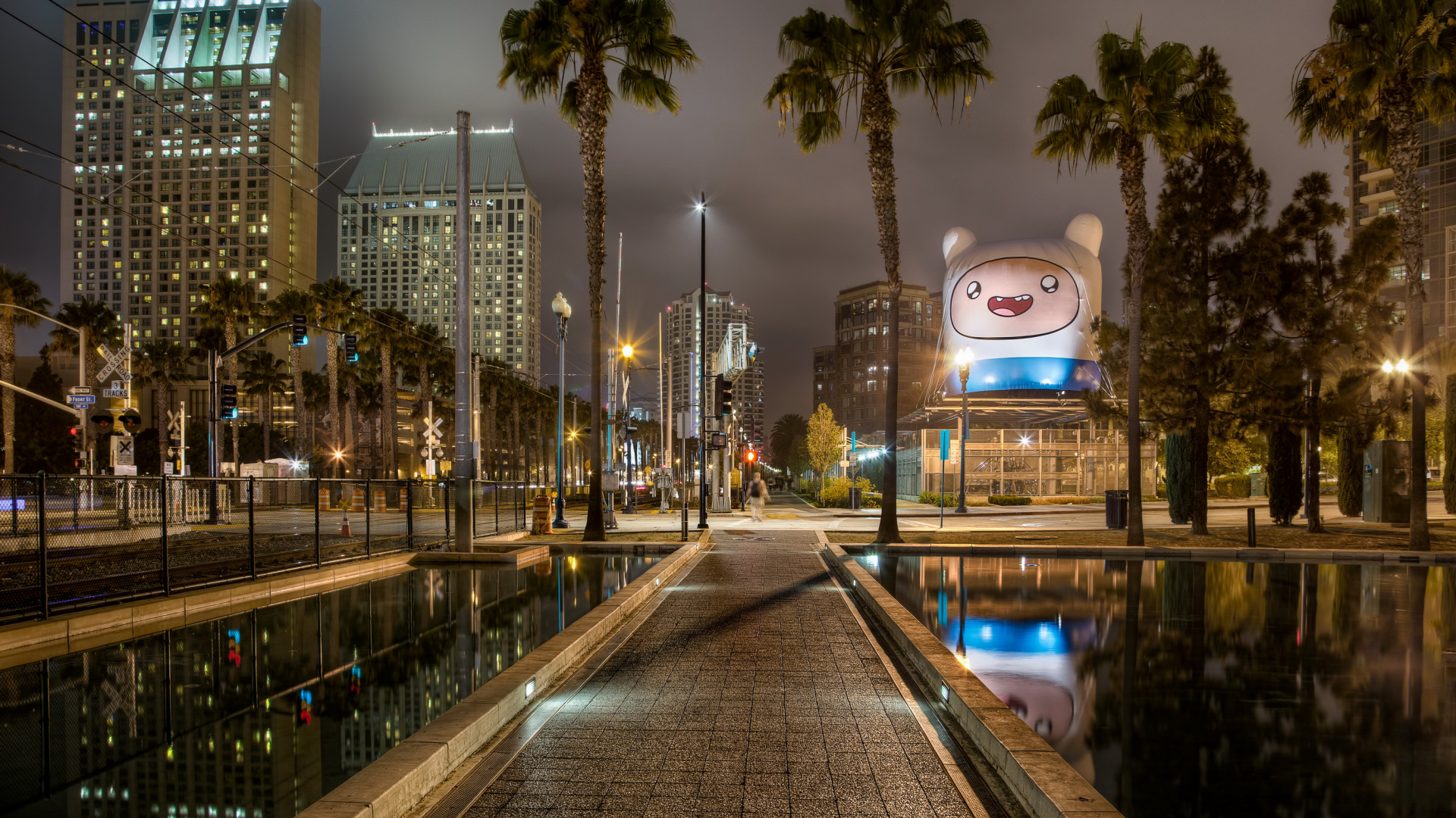 Обои Сан Диего, ночь, город, городской район, отражение в разрешении 1920x1080