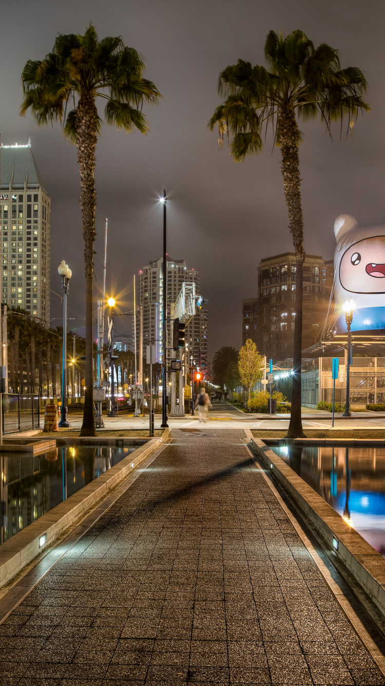 Обои Сан Диего, ночь, город, городской район, отражение в разрешении 750x1334