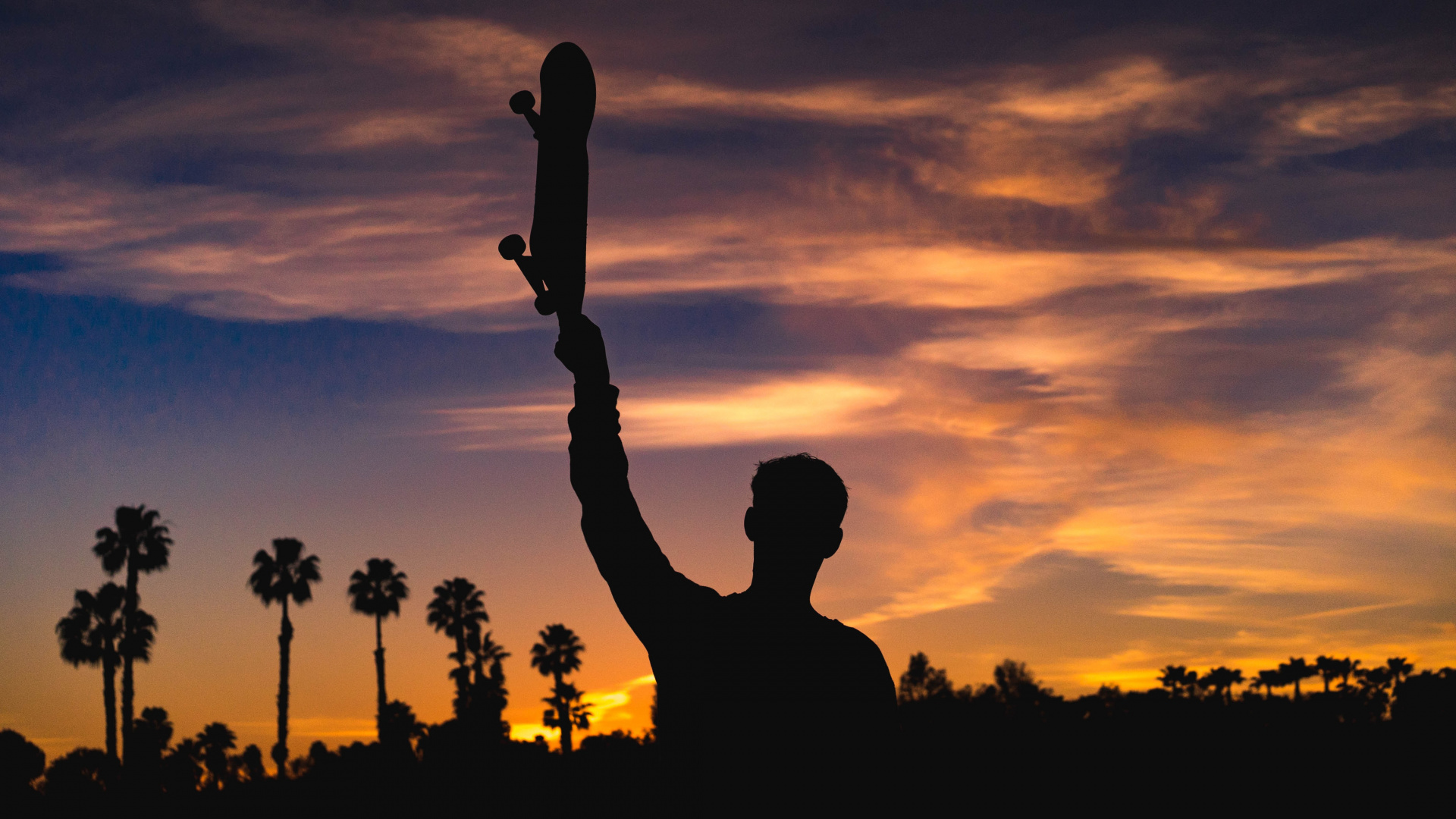 Обои скейтбординг, облако, силуэт, закат, вечер в разрешении 1920x1080
