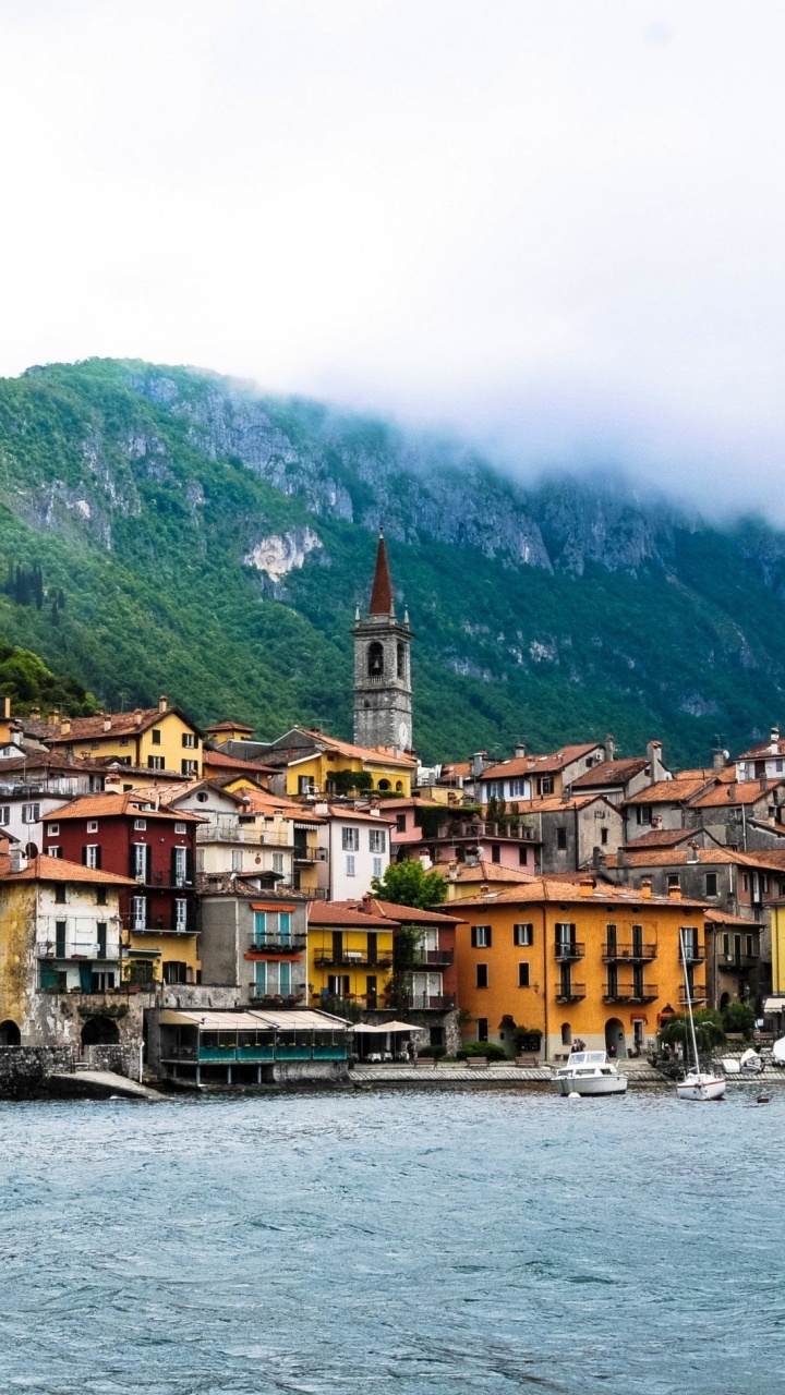 Обои озеро Комо, вода, городок, горный хребет, гора в разрешении 720x1280