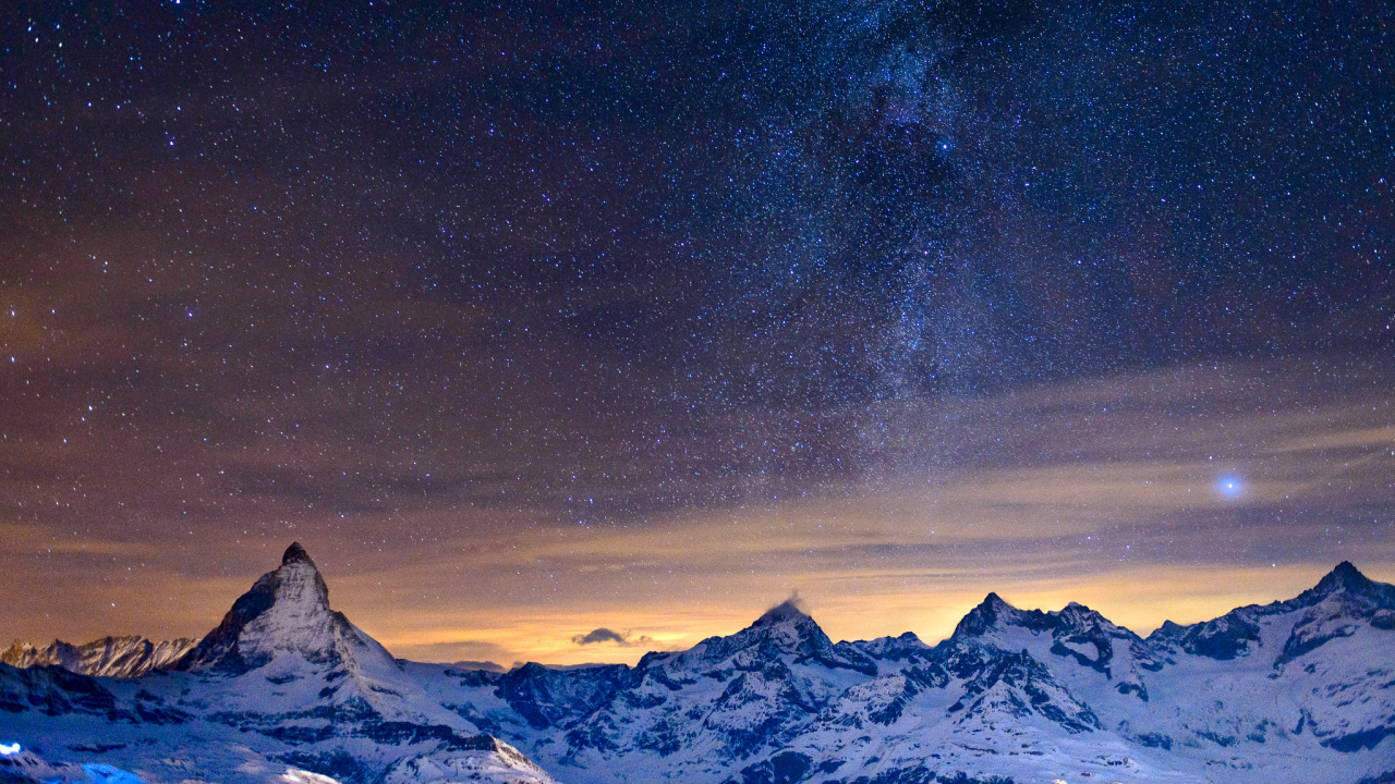 Обои гора, горный хребет, атмосфера, астрономический объект, звезда в разрешении 1280x720