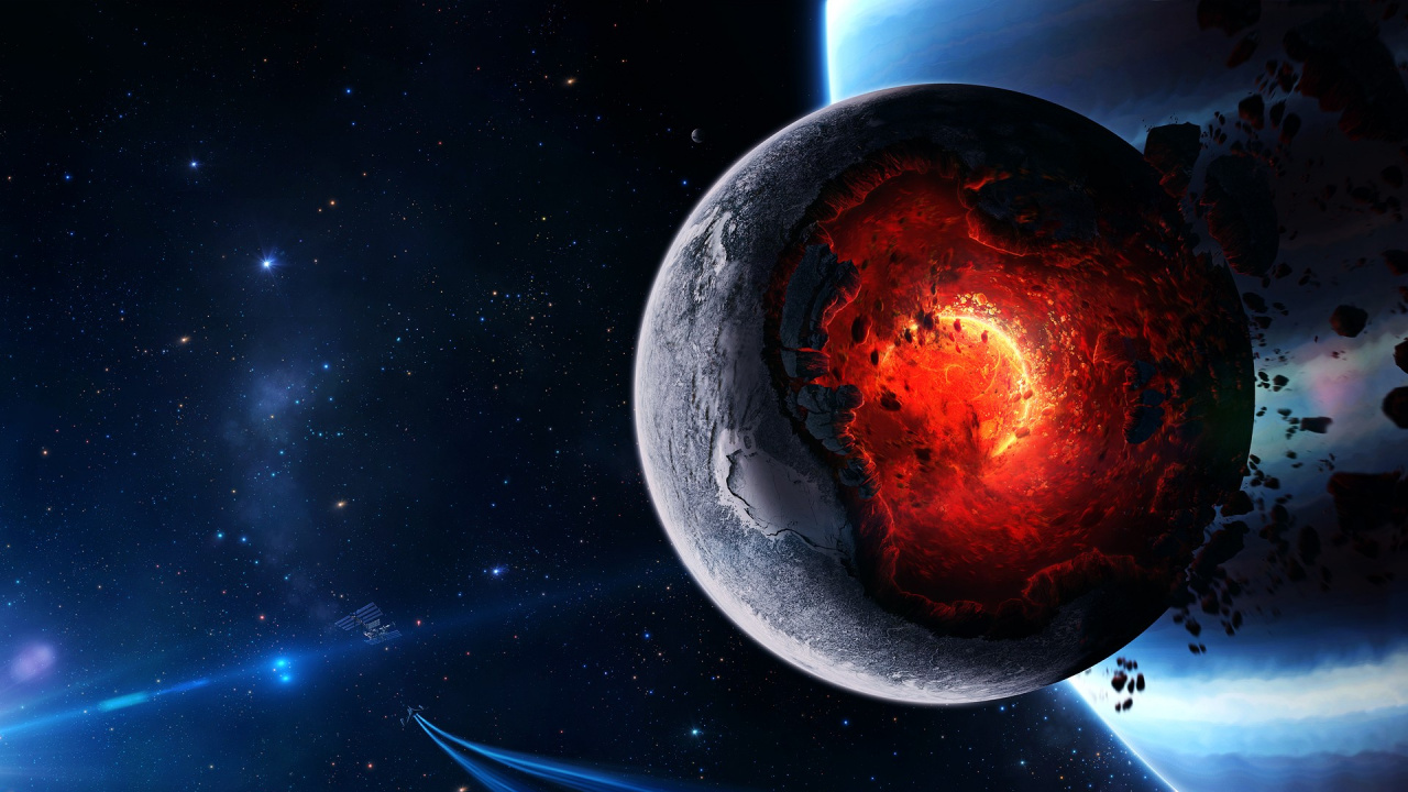 Обои уничтожение планеты, земля, планета, космическое пространство, астрономический объект в разрешении 1280x720