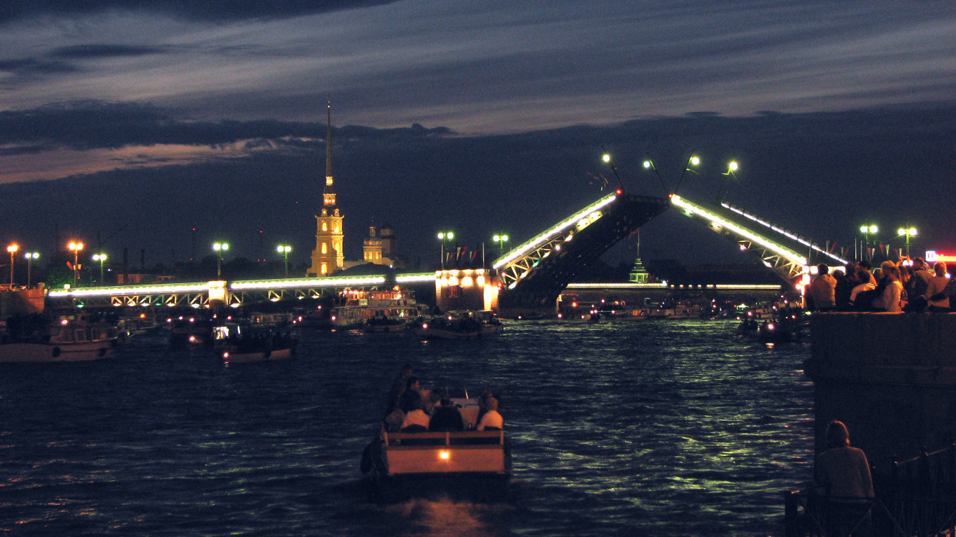 Обои мост, ночь, вода, реки, город в разрешении 1366x768