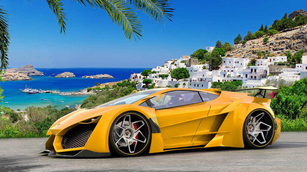 Обои суперкар, спорткар, авто, желтый, обод в разрешении 1280x720