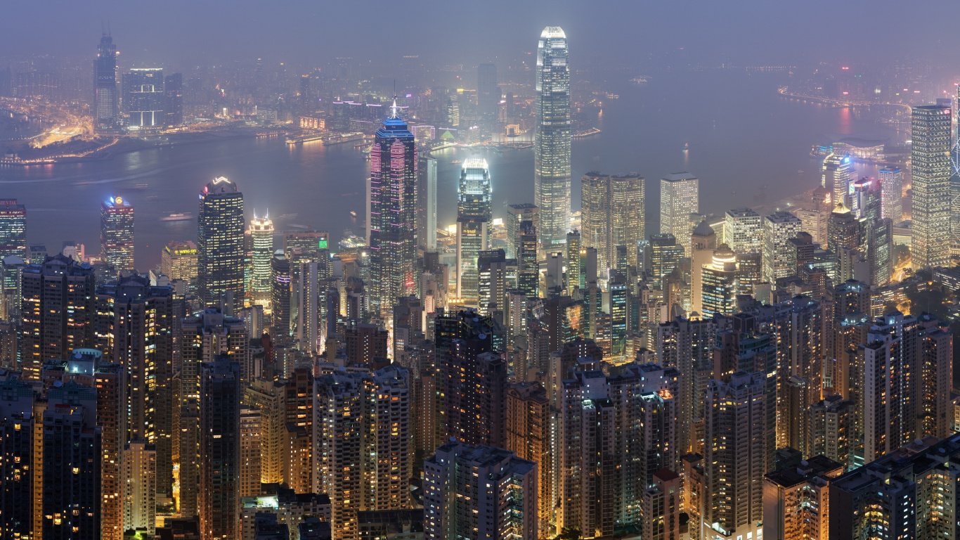 Обои пик Виктория, пик башни, Гавань Виктория, городской пейзаж, город в разрешении 1366x768