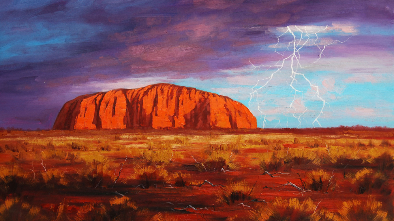 Обои Улуру, захолустье, живопись, Краска по номеру, арт в разрешении 1366x768