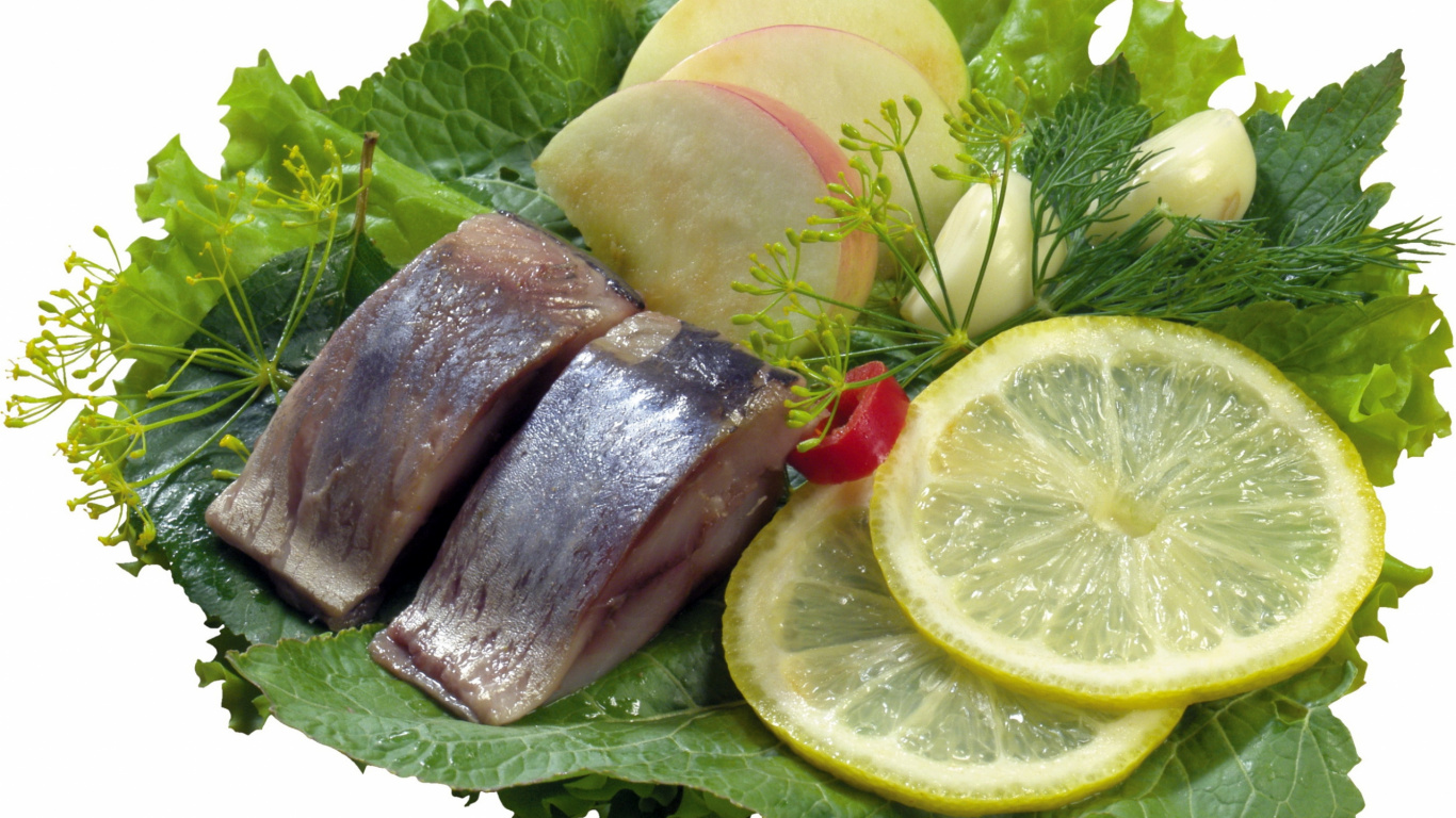 Обои пища, кусочек рыбы, рецепт, лимон, морепродукты в разрешении 1366x768