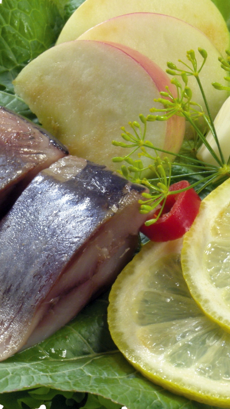 Обои пища, кусочек рыбы, рецепт, лимон, морепродукты в разрешении 750x1334