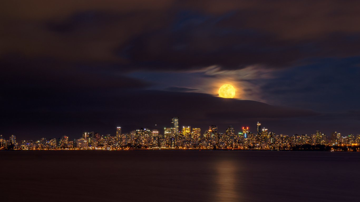 Обои городской пейзаж, город, ночь, линия горизонта, горизонт в разрешении 1366x768