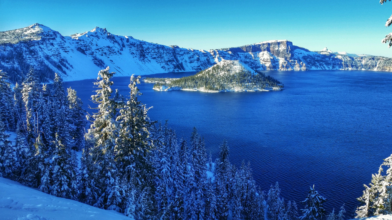 Обои кратерное озеро, йосемитский национальный парк, парк, озеро, зима в разрешении 1366x768