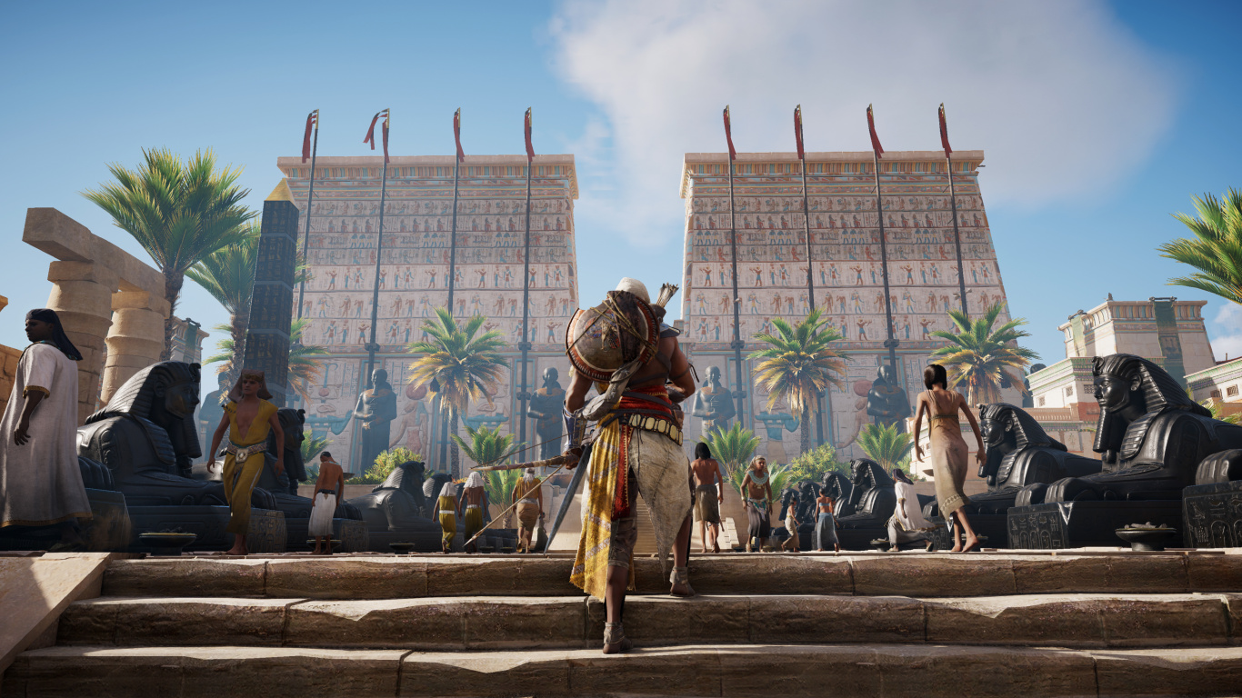 Обои assassins creed origins, ubisoft, gamescom, храм, игра в разрешении 1366x768