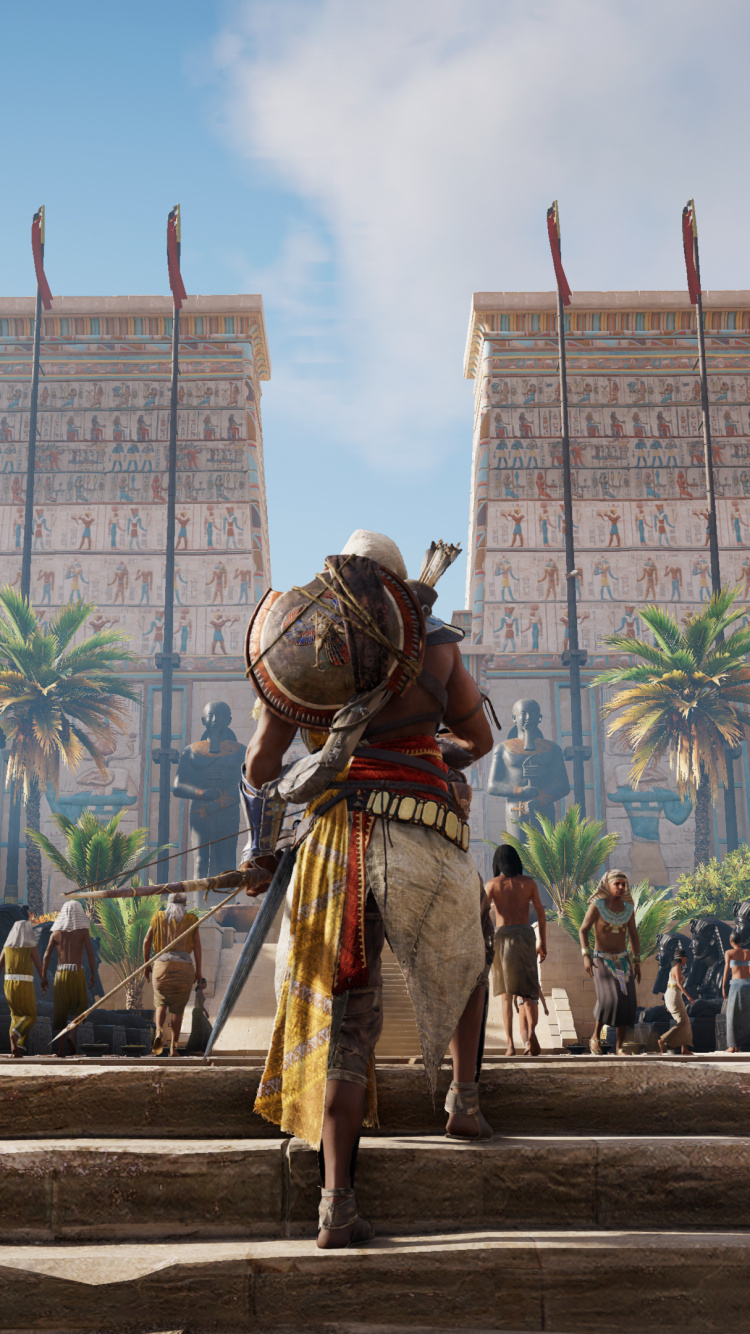 Обои assassins creed origins, ubisoft, gamescom, храм, игра в разрешении 750x1334