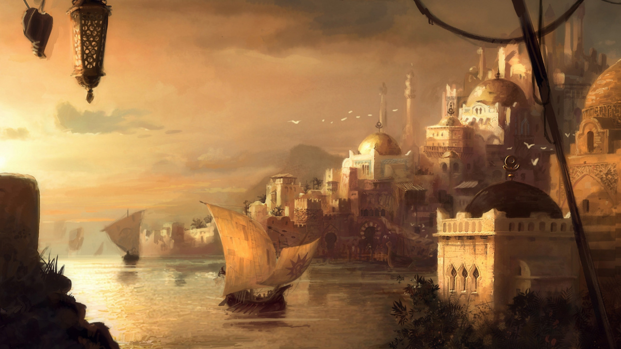 Обои арт, здание, достопримечательность, фэнтези, корабль в разрешении 1280x720