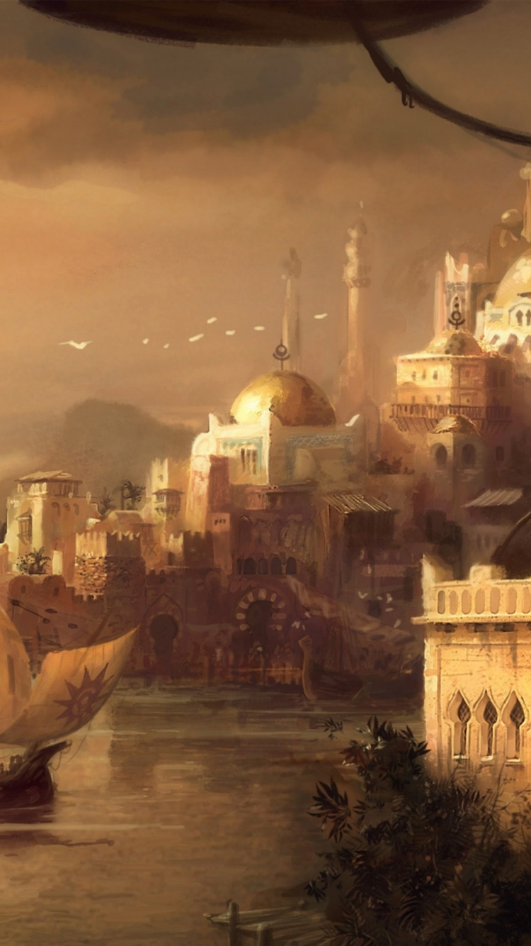 Обои арт, здание, достопримечательность, фэнтези, корабль в разрешении 750x1334