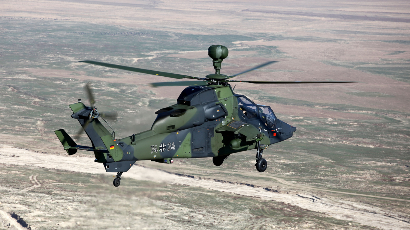 Обои Еврокоптер Тигр, винтокрылая машина, военный вертолет, воздушные силы, военный самолет в разрешении 1366x768