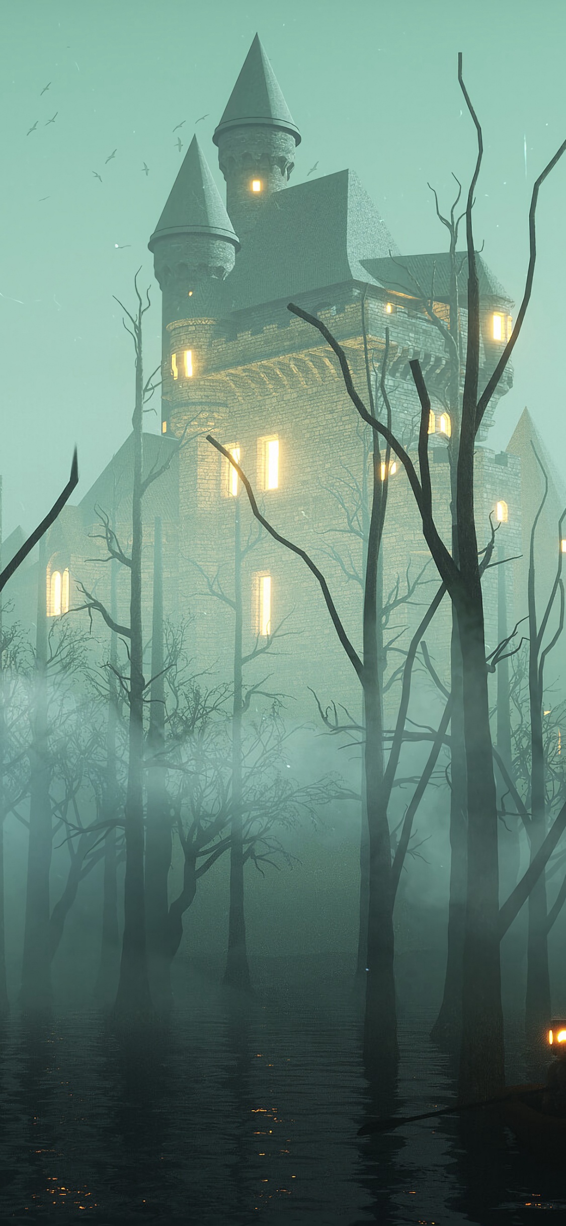 Обои дерево, дымка, вода, туман, атмосфера в разрешении 1125x2436