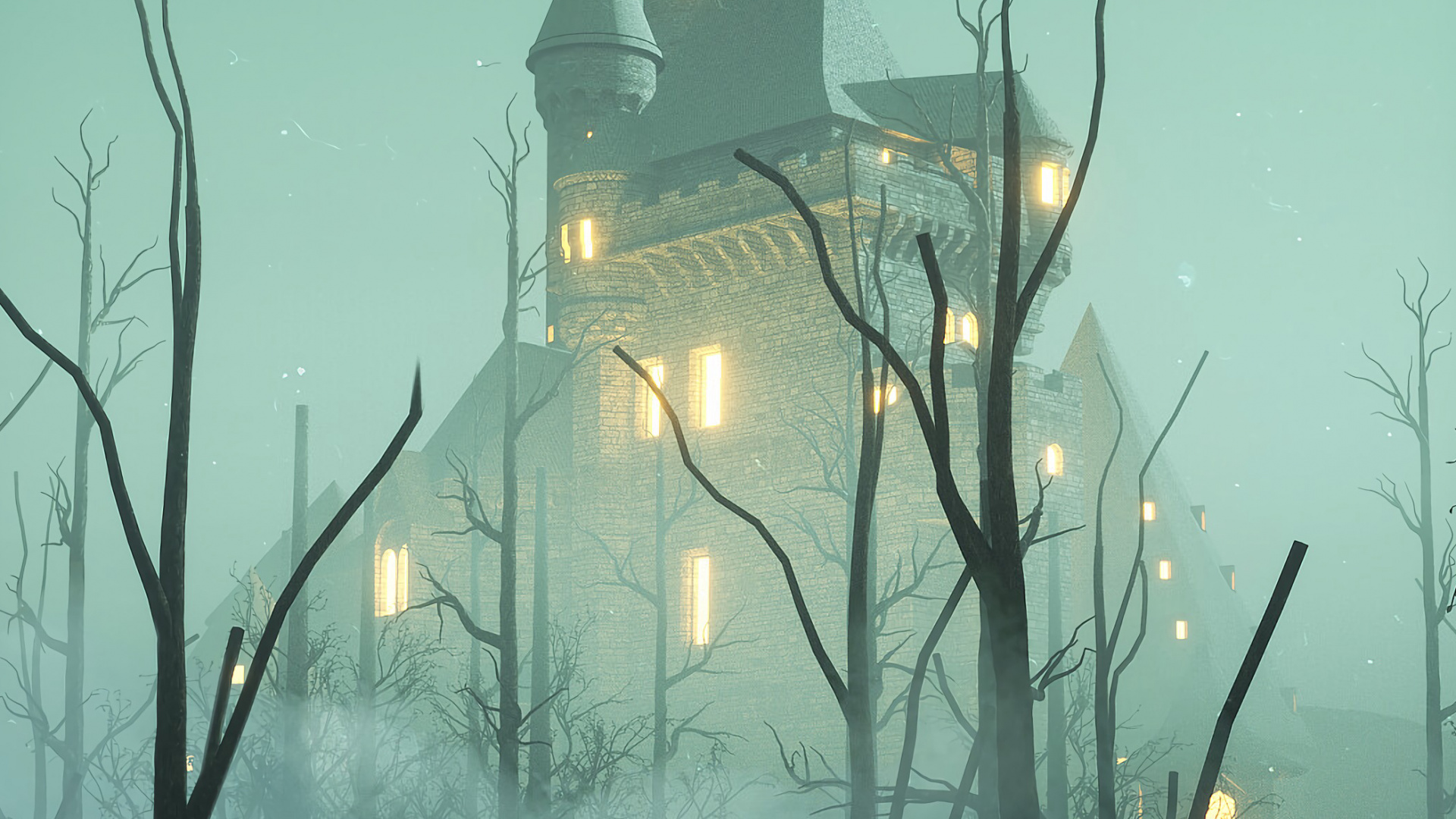 Обои дерево, дымка, вода, туман, атмосфера в разрешении 1920x1080