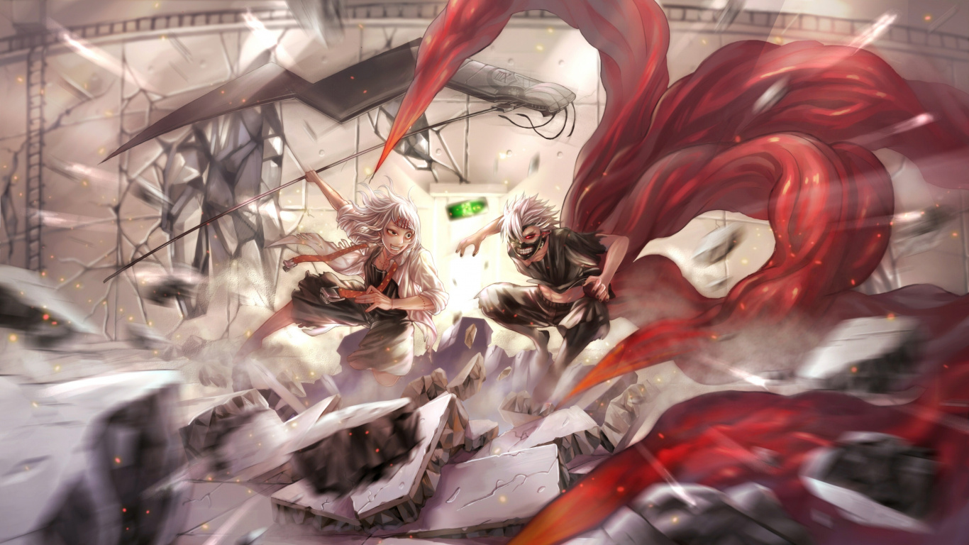 Обои Кен kaneki, Токио вурдалак, иллюстрация, аниме, арт в разрешении 1366x768