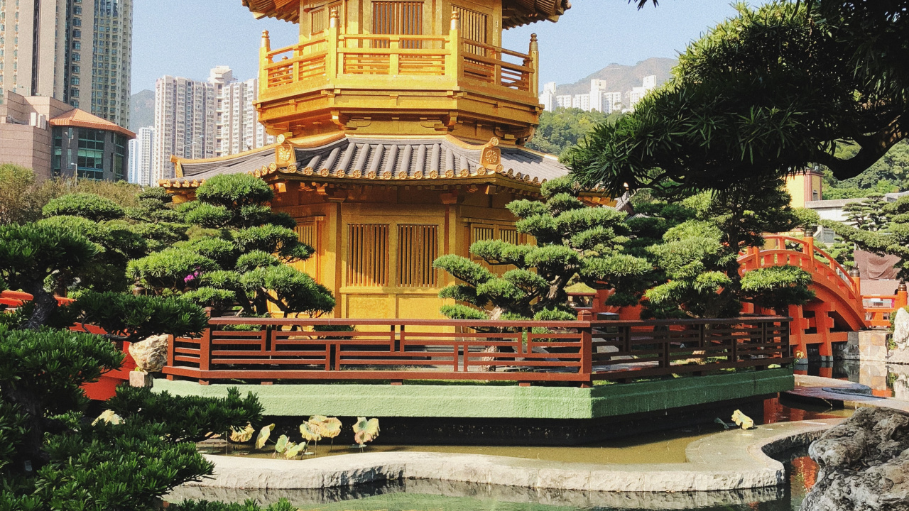 Обои Гонконг, Сад Нан-Лиан, туризм, китайская архитектура, водоем в разрешении 1280x720