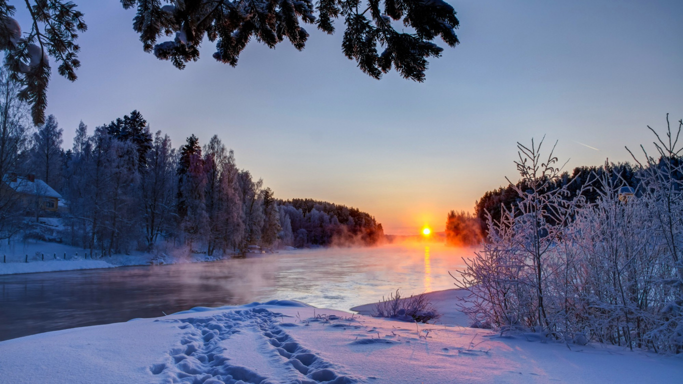 Обои закат, зима, снег, природа, замораживание в разрешении 1366x768
