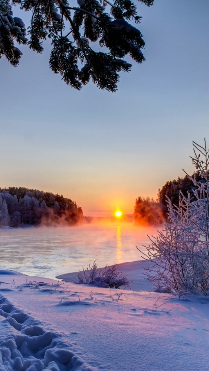 Обои закат, зима, снег, природа, замораживание в разрешении 720x1280