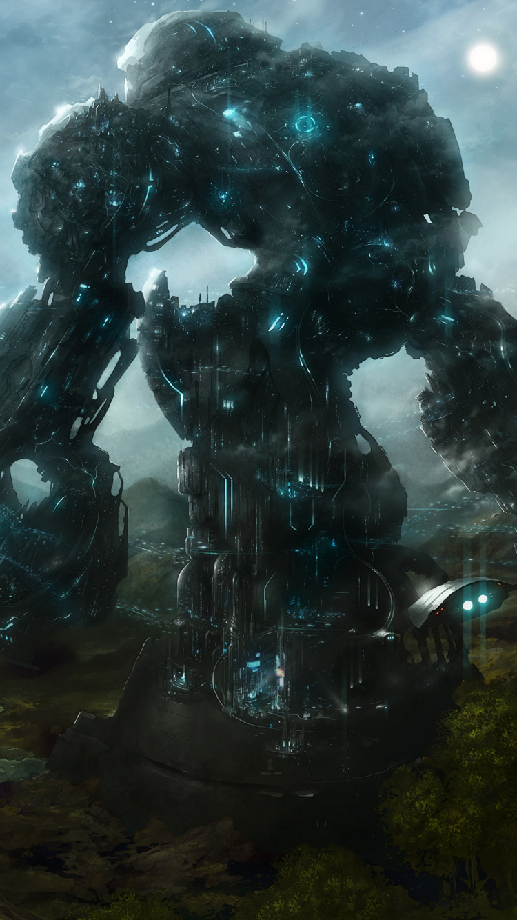 Обои робот, фэнтези, Научная фантастика, атмосфера, темнота в разрешении 750x1334