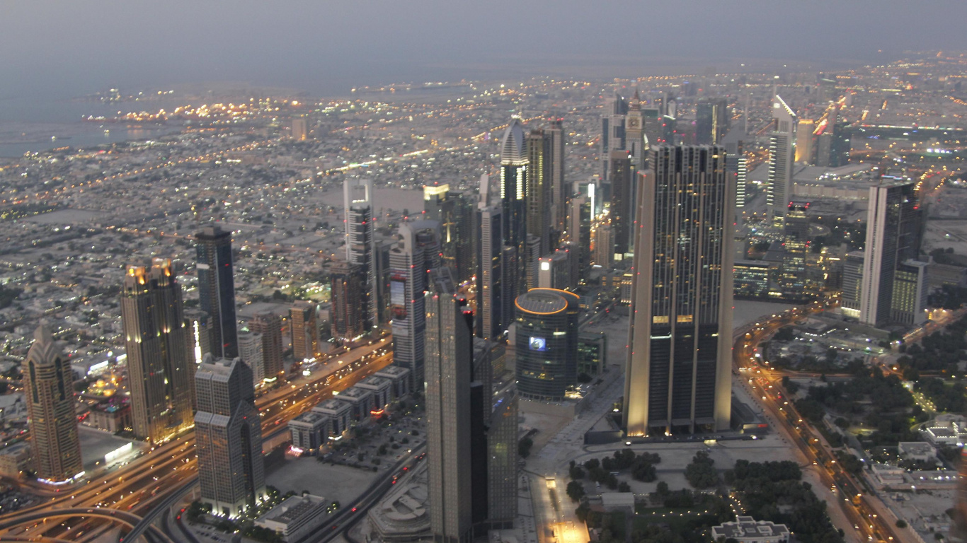 Обои Бурдж Халифа, небоскреб, городской пейзаж, городской район, метрополия в разрешении 1366x768