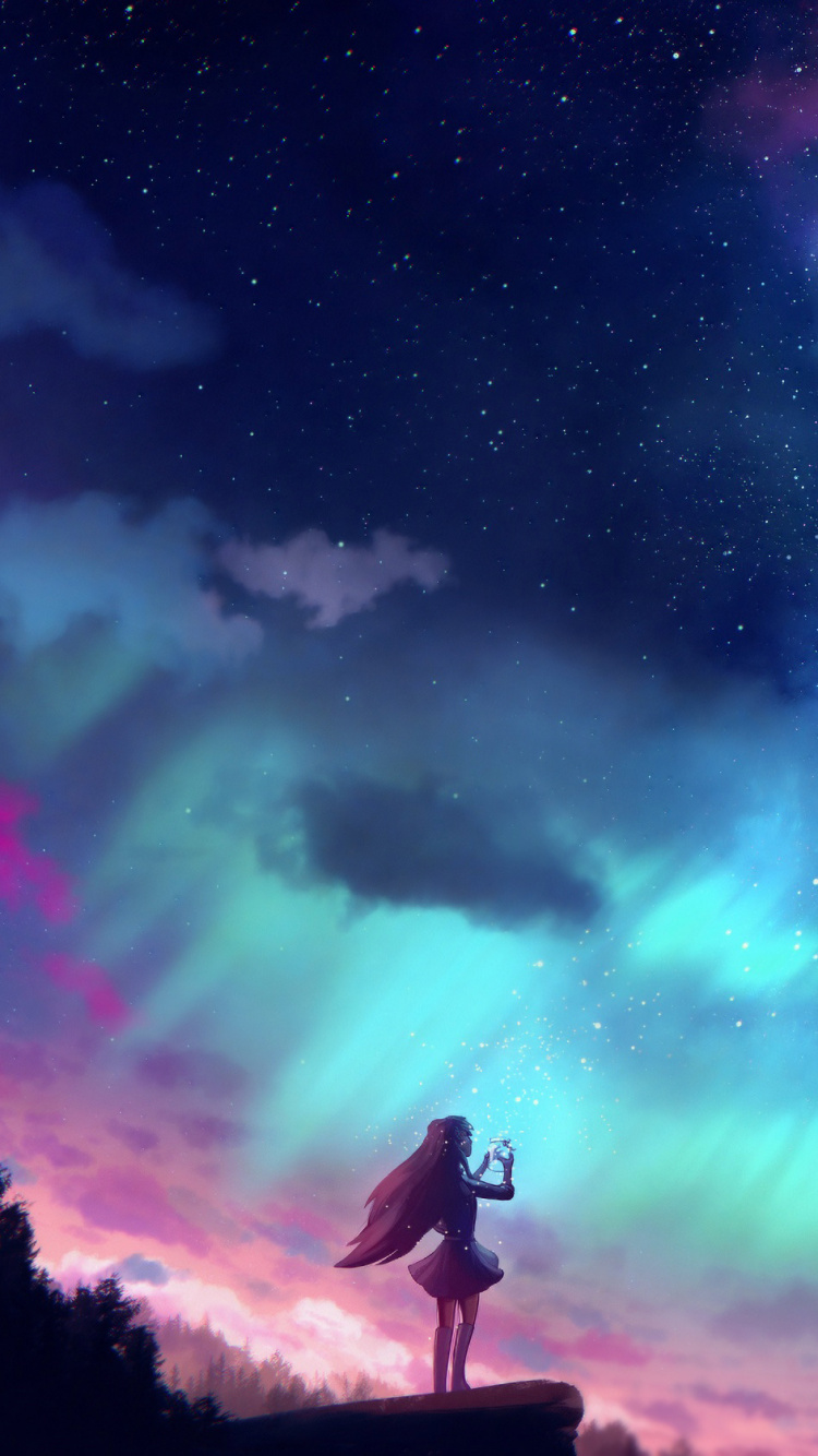 Обои аниме, природа, Аврора, атмосфера, свет в разрешении 750x1334