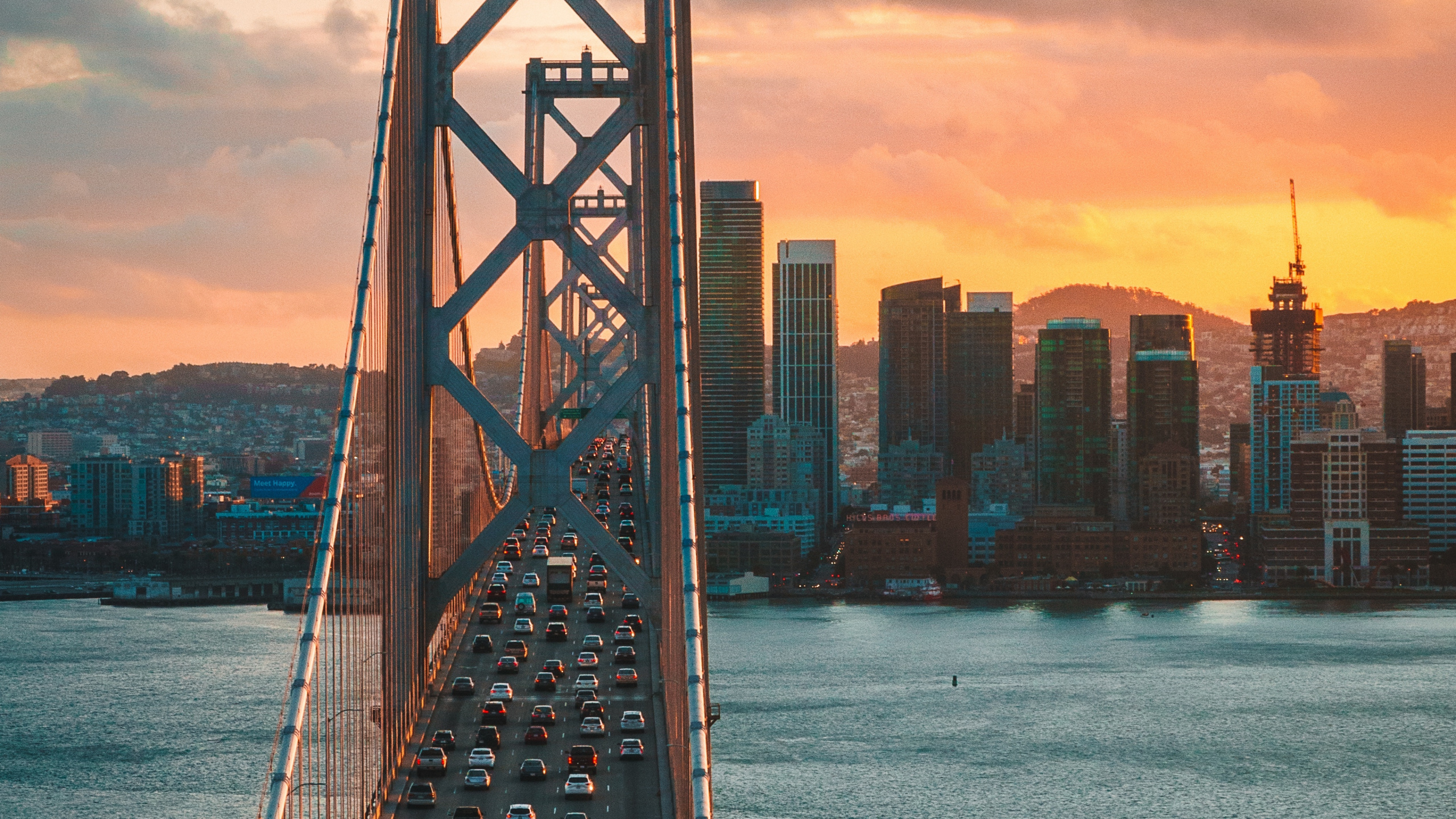 Обои Окленд Бэй Бридж, Сан-Франциско-Окленд Бэй-Бридж, линия горизонта, город, городской пейзаж в разрешении 2560x1440