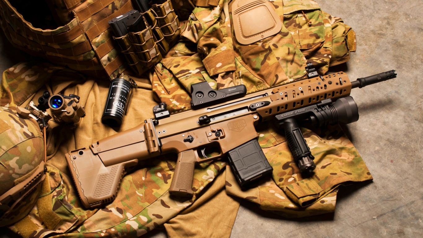 Обои fn scar, fn herstal, орудие, огнестрельное оружие, триггер в разрешении 1366x768