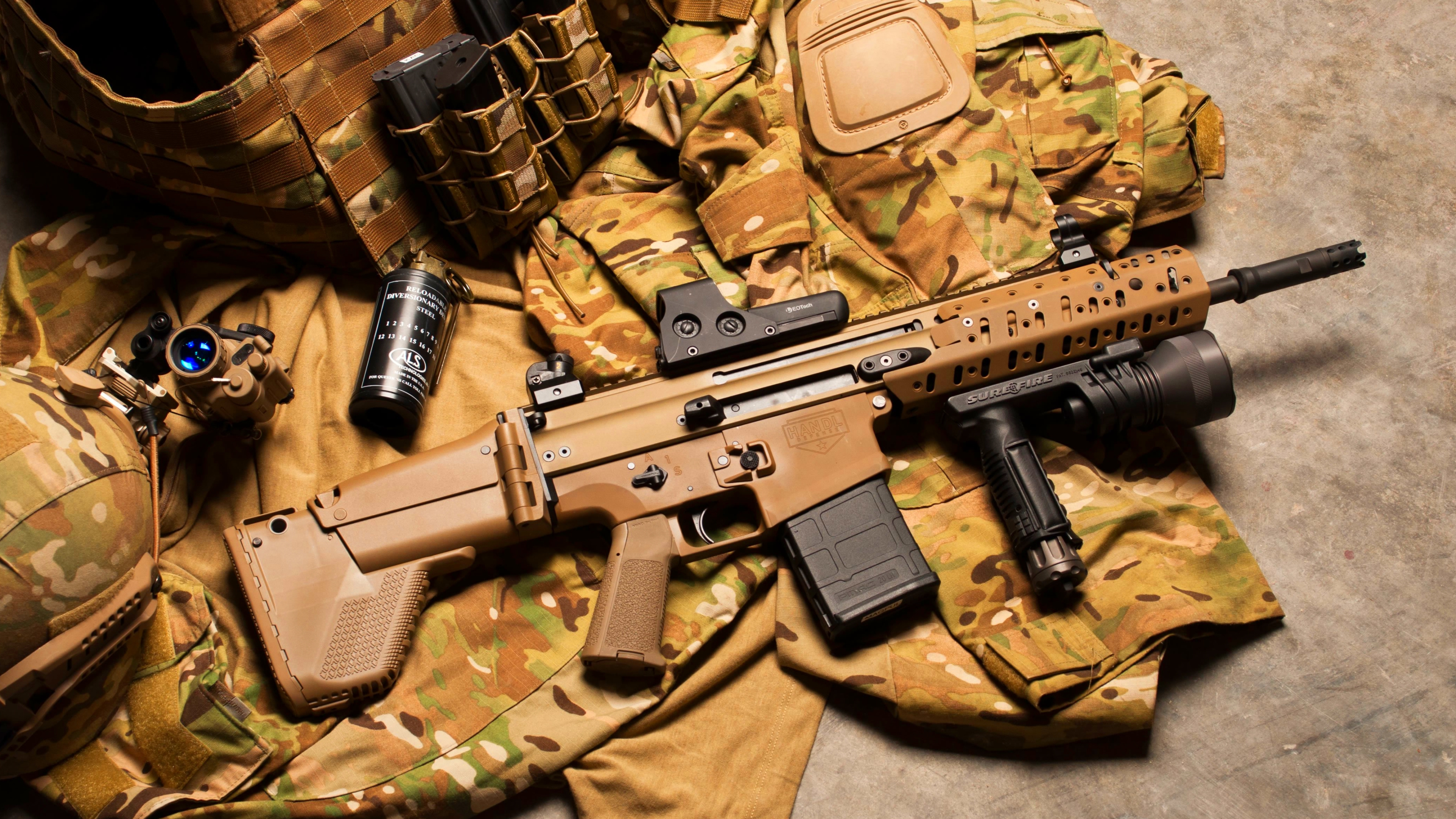 Обои fn scar, fn herstal, орудие, огнестрельное оружие, триггер в разрешении 3840x2160
