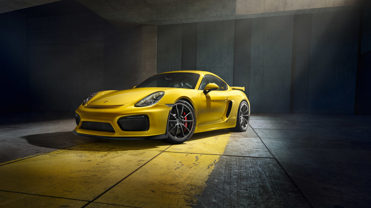 Обои Порше, спорткар, авто, 2016 Porsche Cayman GT4, желтый в разрешении 1280x720