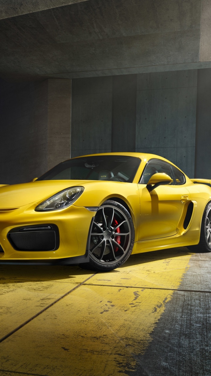 Обои Порше, спорткар, авто, 2016 Porsche Cayman GT4, желтый в разрешении 720x1280