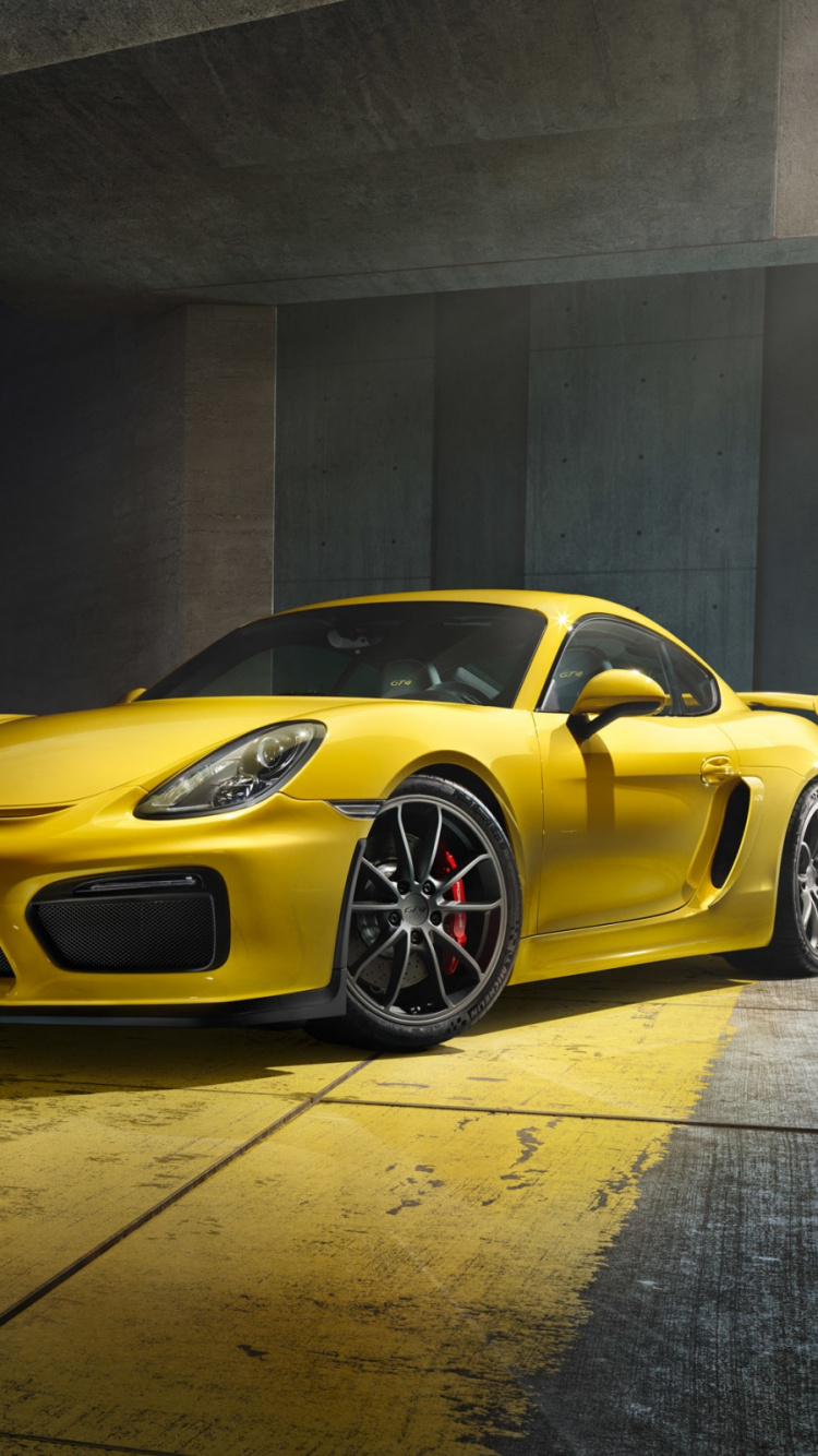 Обои Порше, спорткар, авто, 2016 Porsche Cayman GT4, желтый в разрешении 750x1334