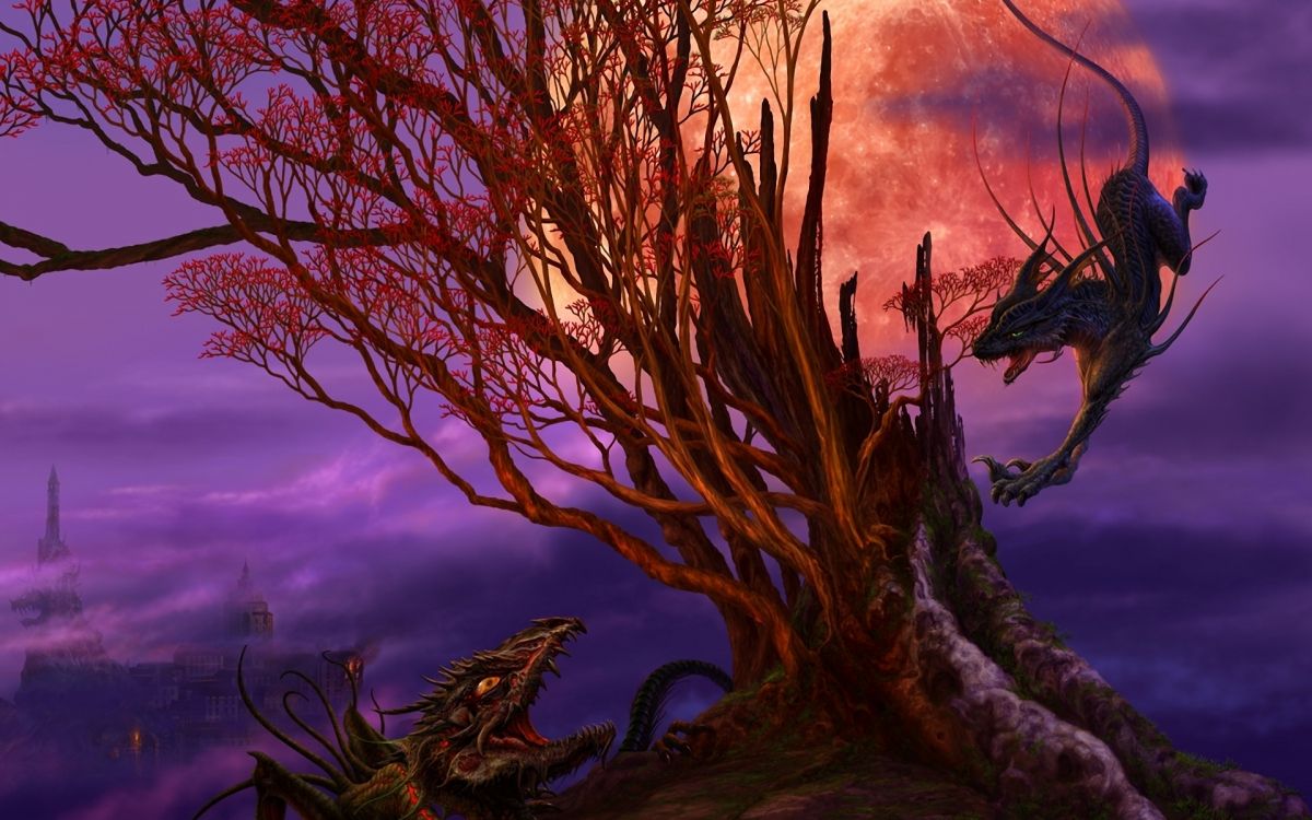 Обои пурпур, дерево, дракон, ветвь, ветка в разрешении 1920x1200