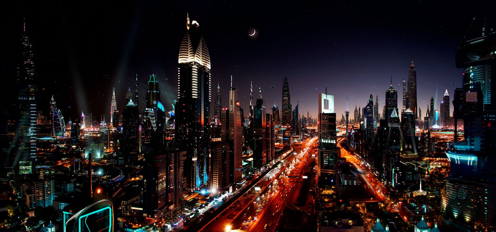 Обои Дубай ночью, ночь, город, городской пейзаж, метрополия в разрешении 3408x1600