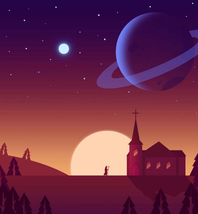 Обои иллюстрация, силуэт, свет, луна, атмосфера в разрешении 3200x3448