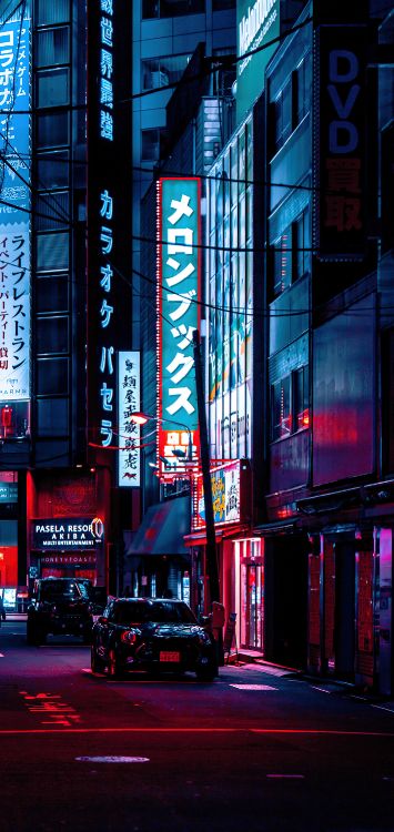 Обои здание, легковые автомобили, свет, синий, автомобильное освещение в разрешении 1422x3000