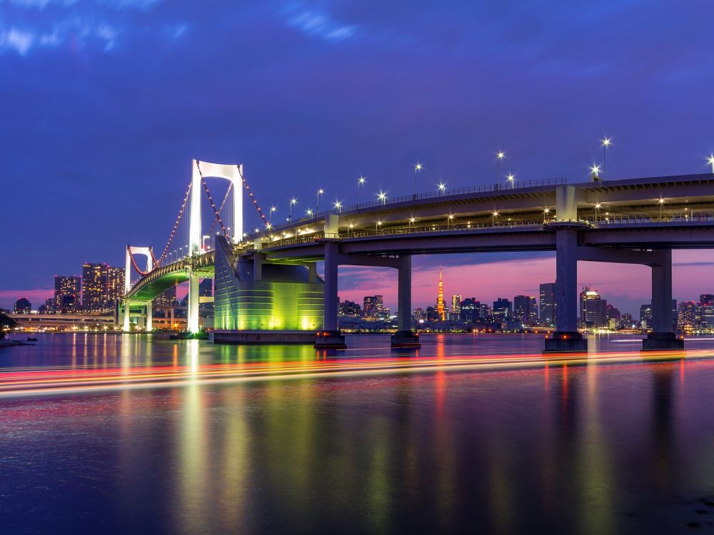 Обои мост, ночь, городской пейзаж, отражение, ориентир в разрешении 2048x1536