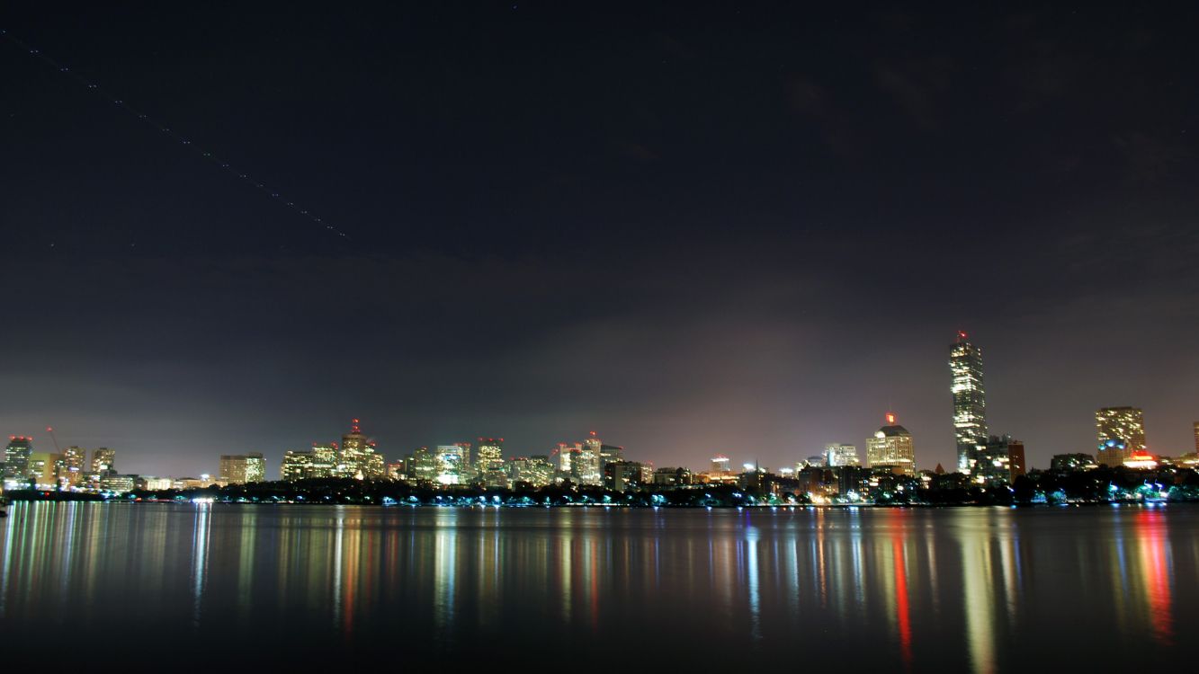 Обои Бостон, ночь, городской пейзаж, город, линия горизонта в разрешении 2560x1440