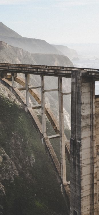 Обои виадук, гора, растение, вода, мост в разрешении 1242x2688