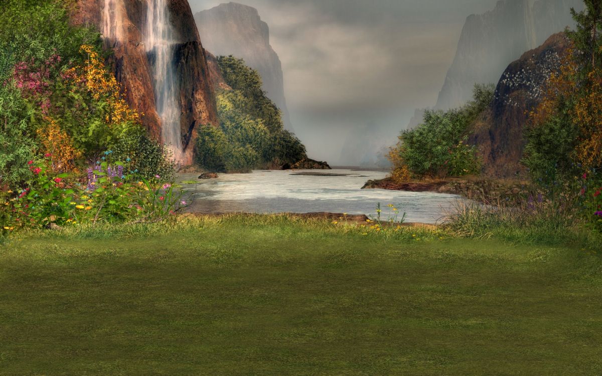 Обои водопад, иллюстрация, природа, водоем, вода в разрешении 2560x1600