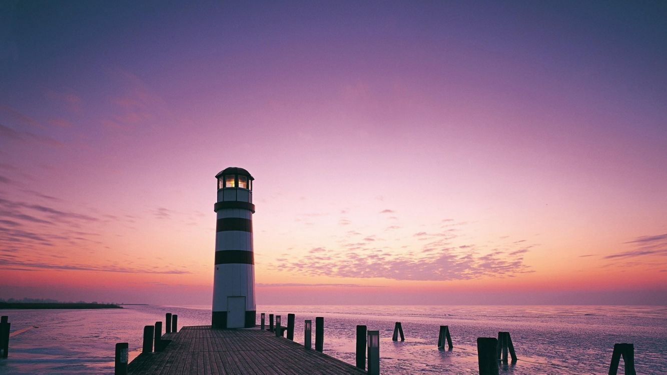 Обои закат, горизонт, море, Маяк, сумрак в разрешении 3840x2160