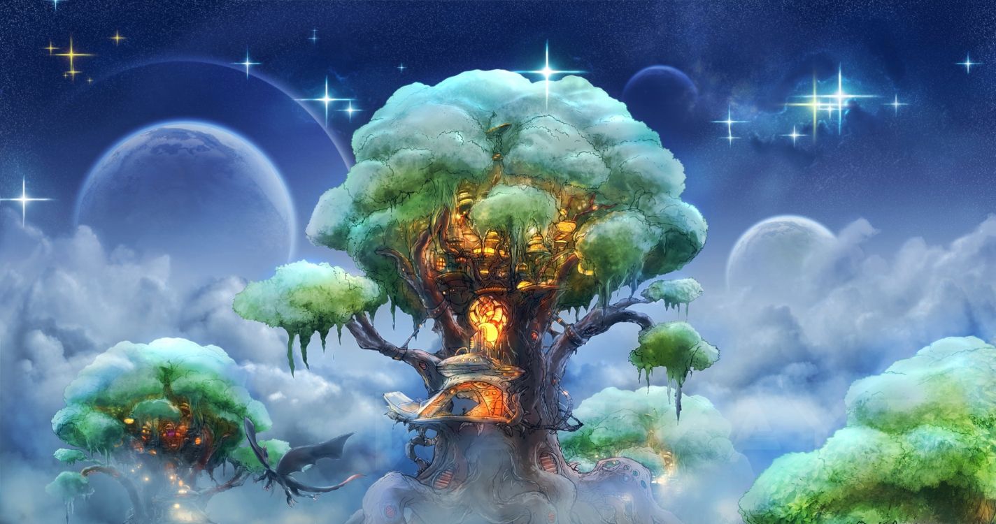 Обои дерево, домик на дереве, арт, иллюстрация, фантастическое искусство в разрешении 2300x1211