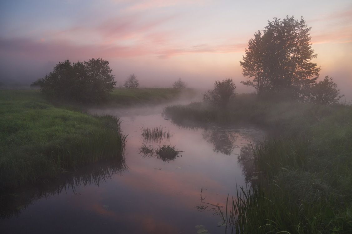 Обои отражение, Дубна, рассвет, пейзажная живопись, природа в разрешении 2560x1702